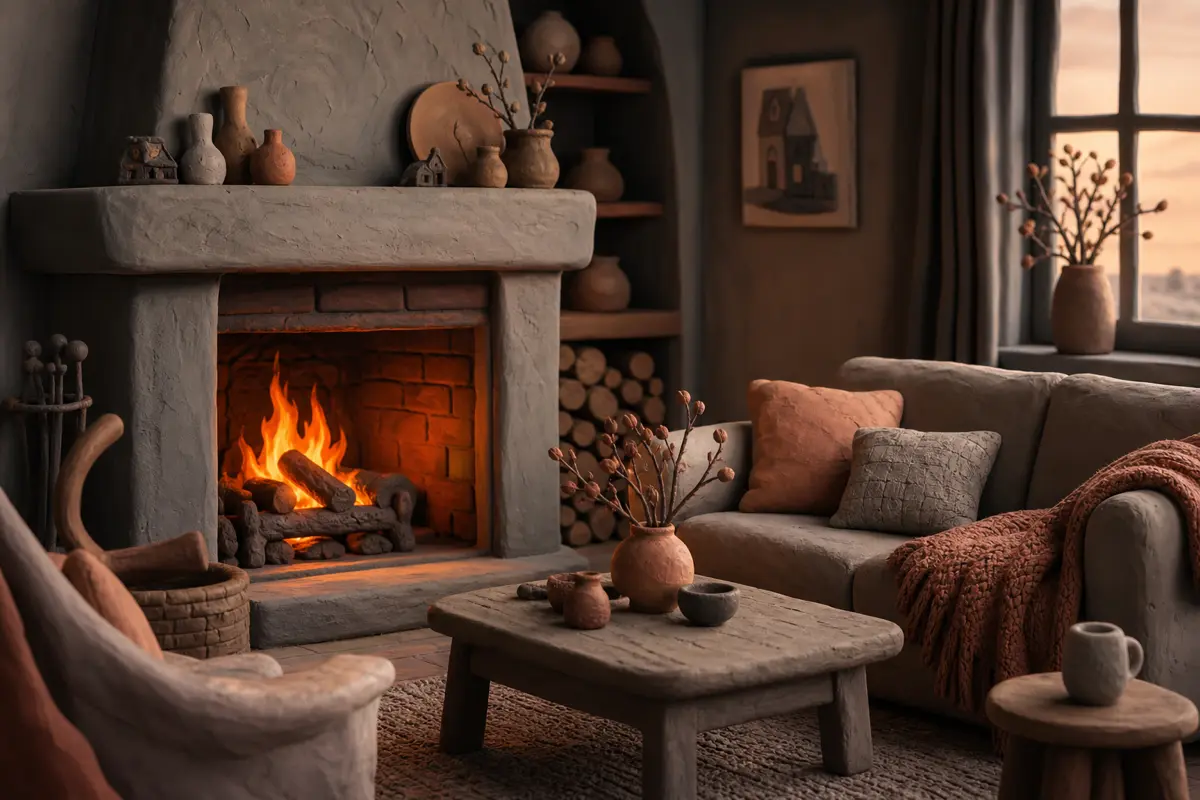 Warme openhaard in clay-stijl